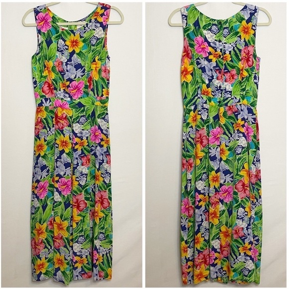 Talbots Dresses & Skirts - Talbots Silk Tropical Floral Pleated Button Back Midi Dress Vintage 90s
